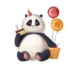 cute panda with balloons, birthday cake and presents, watercolor style holiday illustration with cartoon character