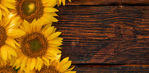 Bright sunflower flowers on an old wooden table. View from above.