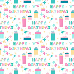 Colorful seamless pattern with Happy Birthday lettering, festive garlands with flags, and present boxes. Design for prints, wrapping paper, gift bags, scrapbooking.