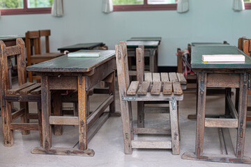 Korea's old school classroom desk with chair from 1960s to 70s