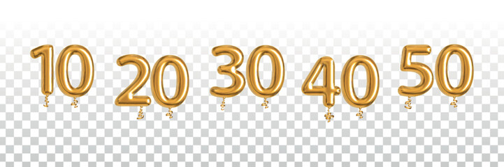 Vector realistic isolated golden balloon of 10, 20, 30, 40 and 50 on the transparent background. © comicsans