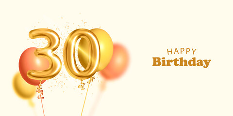 Vector realistic isolated invitation card for Happy Birthday with 30 number golden balloon and confetti.