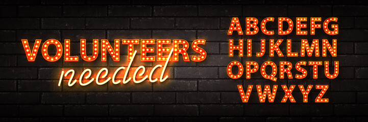 Vector realistic isolated retro marquee billboard with electric light lamps of Volunteers Needed logo with alphabet font on the wall background. © comicsans