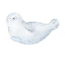 Watercolor fur seal illustration. Cute baby animal underwater graphics. Hand-drawn sea animal, sea lion. Ocean children illustration