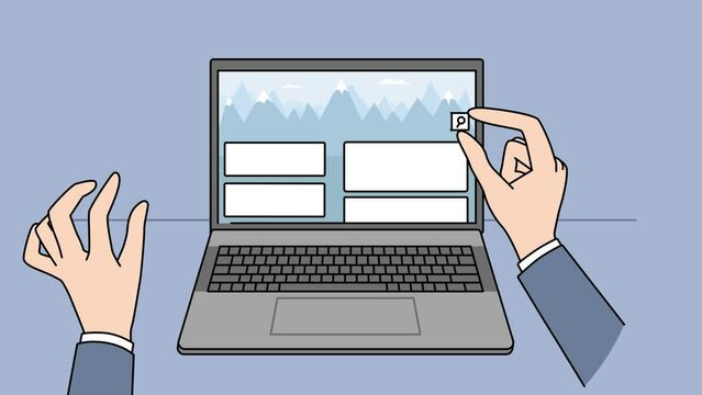 Web designer working with tabs on computer. Software engineer creating website with templates on laptop. UI design job. Illustration, motion. 