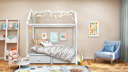 Modern stylish children room with curious wooden bed, armchair, shelf and other decor, 3d illustration