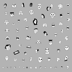 funny faces of people and monsters doodle set