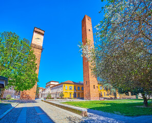 Medieval landmarks on Piazza Leonardo da Vinci in Pavia, Italy