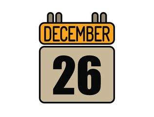 Day 26 December calendar icon. Calendar vector for December days isolated on white background.
