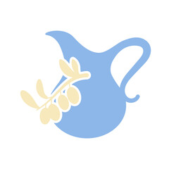 A branch with leaves and olives and a ceramic jug with oil or wine. Vector isolated icon in ancient style.
