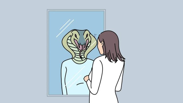Woman looking in mirror seeing snake. Female character worried about true self or inner nature. Mental problem concept. Illustration, motion. 