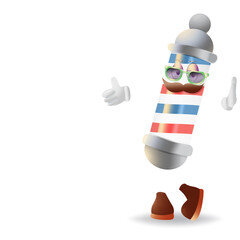 Barber pole character with mustache and glasses.He rests his hand on the wall,with the other hand he shows a thumbs up.Barbershop mascot.Cartoon barber pole stock vector illustration.