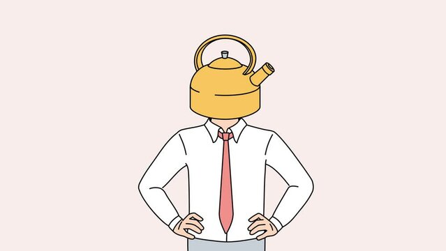 Businessman with kettle as head suffer from work burnout. Male employee struggle with overwork in office. Illustration, motion. 
