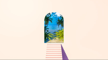 Stairs to heaven concept with paradise beach at the end of the stairs