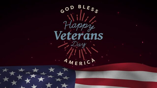 Animation of veterans day text and usa waving flag over dark background