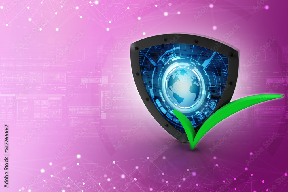 Poster 3d rendering tick mark over a shield surface