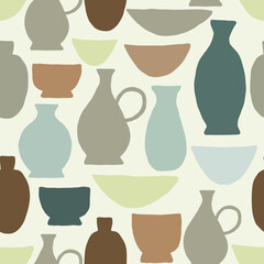 Hand painted seamless pattern with ceramics on cream background.