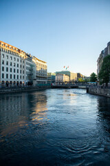 Fototapeta premium View at Geneva city over Geneva lake at sunset, Switzerland.