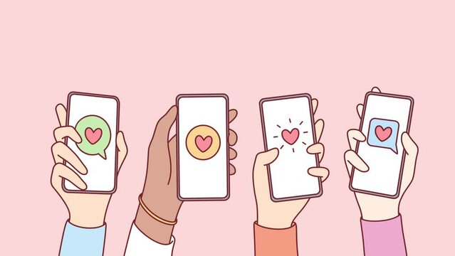 Diverse people holding cellphones with hearts showing likes and appreciation on social media. Friends with gadgets demonstrate support online. Motion, illustration. 
