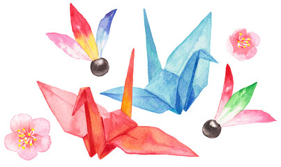 水彩_折り鶴と羽根のお正月素材