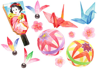 水彩_折り鶴・羽子板・毬のお正月素材