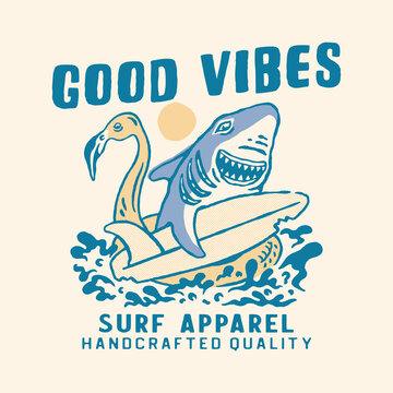 surf illustration shark design flamingo graphic tropical vintage t shirt