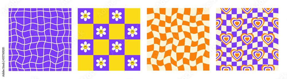 Aufkleber groovy set seamless patterns with smiling daisy, distorted checkered and hearts. retro hippie backgr