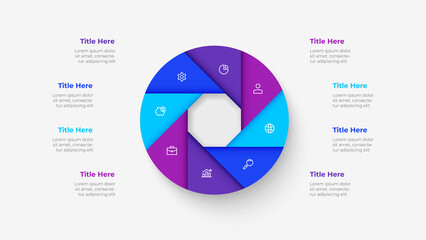 Circle divided into eight parts. Template for cycle business presentation. Vector infographic design illustration with 8 options. - obrazy, fototapety, plakaty