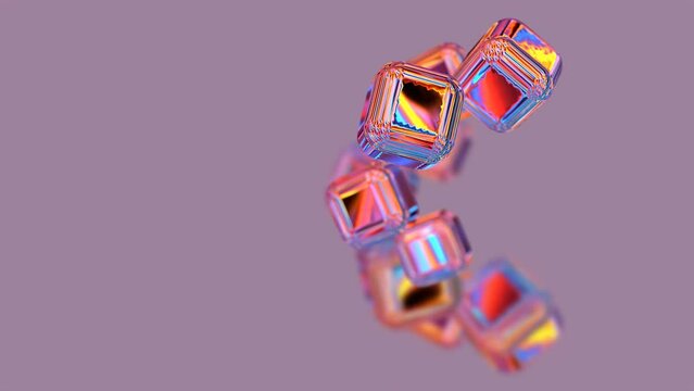 A group of holographic metal cubes fly on neutral background 3D 4K animation with copy space. Geometric motion graphics