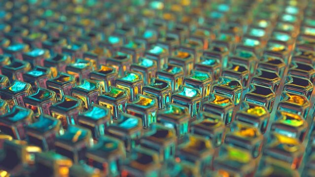 Many colorful metal cubes move like waves loop-able 3D 4K animation