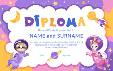 Obraz na płótnie Canvas School diploma, certificate template with cute unicorn and sloth astronauts for kindergarten or primary grades. Cartoon vector illustration with space animals