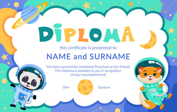 Colorful school and preschool diploma certificate for children with astronaut animals in open space with stars and planets. Vector cartoon illustration