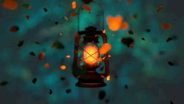 Oil lantern attracts lots of moths on turquoise background 3D 4K animation. Summer night, warm light and insects