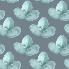 Seamless pattern of turquoise ovals, flowers, leaves, watercolor stains on a gray background. Wallpaper, textiles