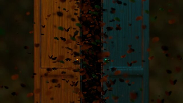 Lots of moths fly out of the closet 3D 4k creepy animation
