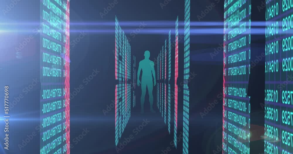 Poster animation of binary coding and data processing over human body