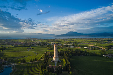 Tower of San Martino della Battaglia aerial view, Surrounded by cypresses and vineyards. Panorama...