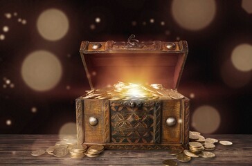 Open an ancient treasure chest in old background