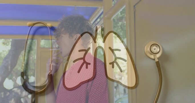 Animation of lungs over stethoscope and caucasian boy smoking cigarette in background