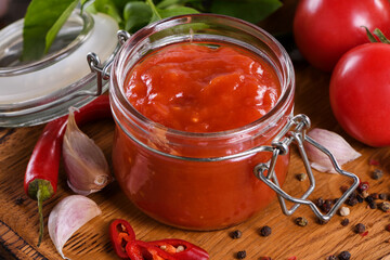 Traditional classic tomato sauce with spices and herbs. Fragrant dressing for various dishes. Taste and simplicity.