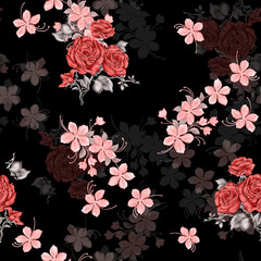 textile flower with black ground seamless digital print design