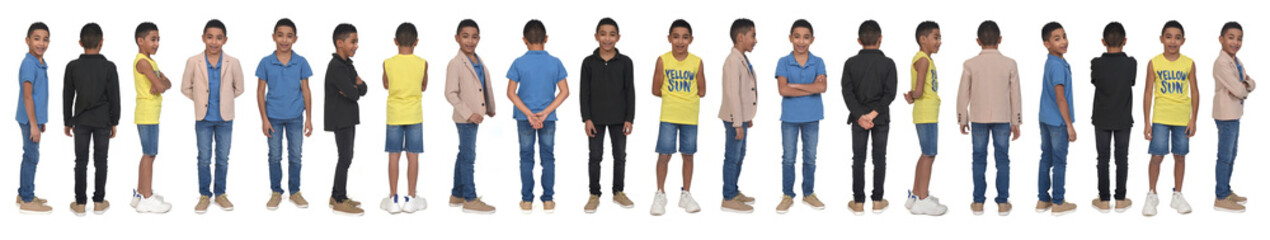 large line of same teen various outfits on white background