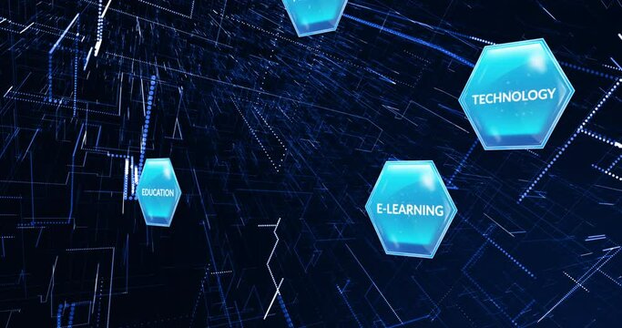 Animation of education and learning text on blue hexagons over light trails on blue background