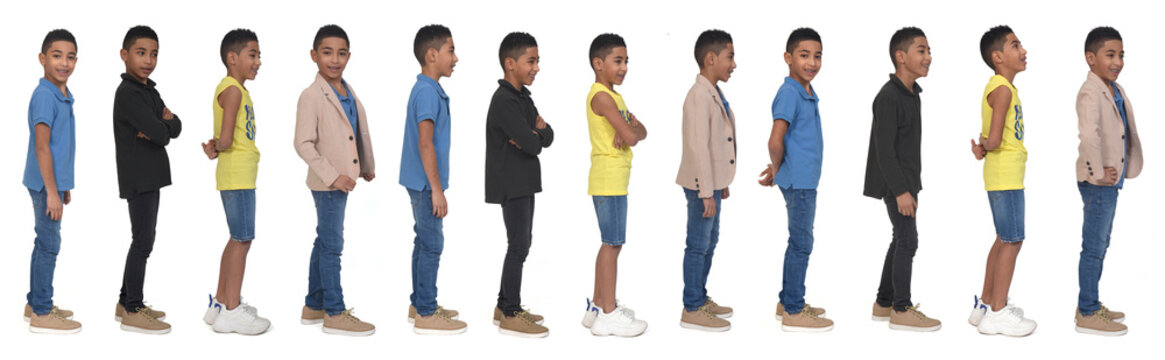 side view of same teen various outfits on white background