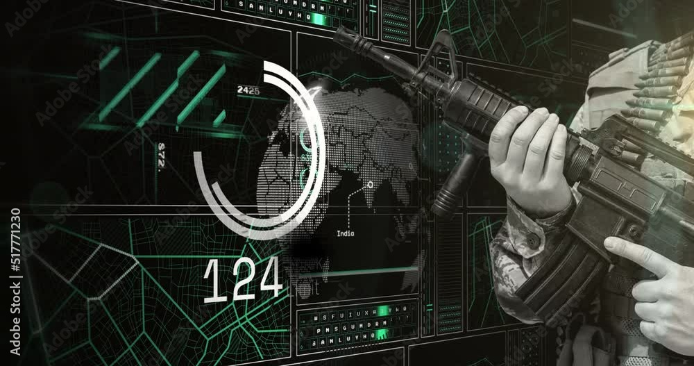 Poster animation of hand of soldier holding gun over scanner, globe and data processing on interface