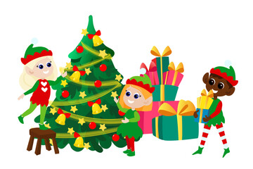 Christmas elves near boxes with gifts and a Christmas tree. Children are happy and they smile and jump. The mood of joy and vorstorga. Winter holiday cartoon illustration isolated on white background.