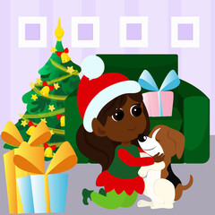 Elf girl hugs a puppy. The child is in a room decorated before Christmas. The girl is smiling and happy. Character design in childish cartoon style isolated on white background.