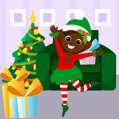 Room decorated before Christmas inside the house. An elf girl in a traditional costume is dancing indoors. Cartoon style vertical vector illustration.
