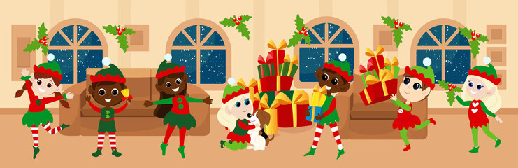 Cheerful elves play and have fun inside the house in the room. The building is decorated with garlands and gifts. Christmas Eve at Santa's House. Festive illustration in cartoon style.