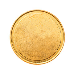 Golden mockup coin, empty coin with worn surface. Isolated on white. Ready for clipping path. - obrazy, fototapety, plakaty